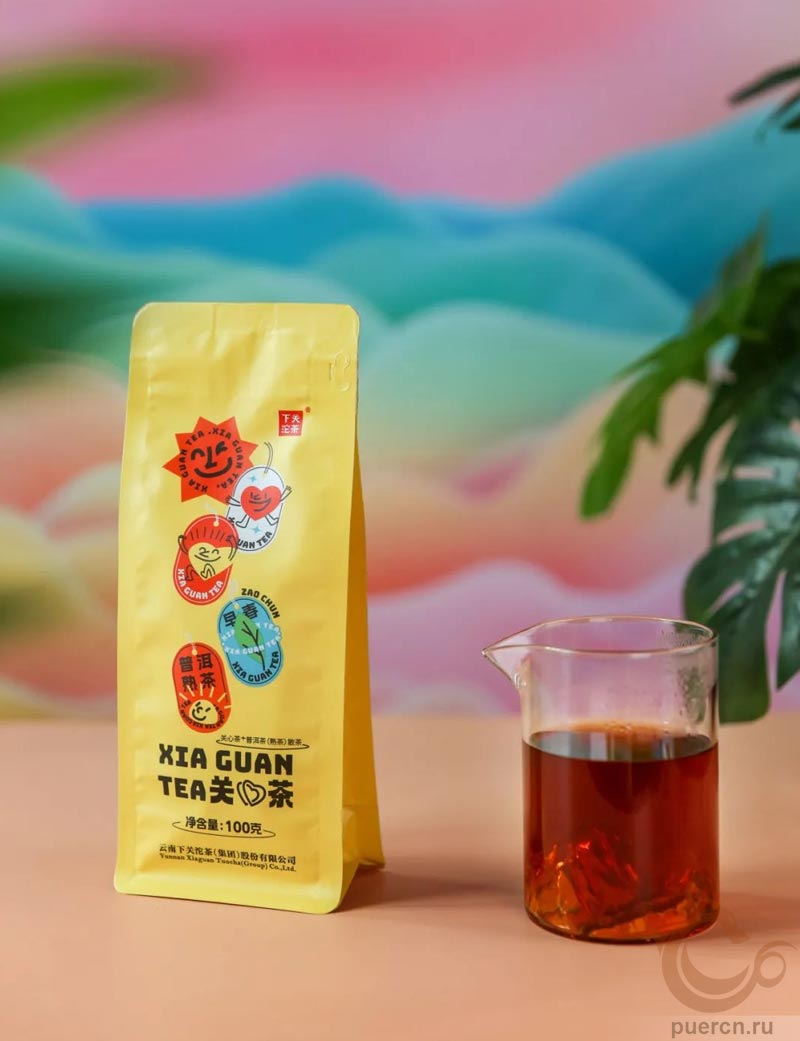 Ся Гуань Гуаньсинь Ча Пуэр Шу Ча, шу пуэр, 100 гр, 2023 г., пакет с чаем и готовый чай